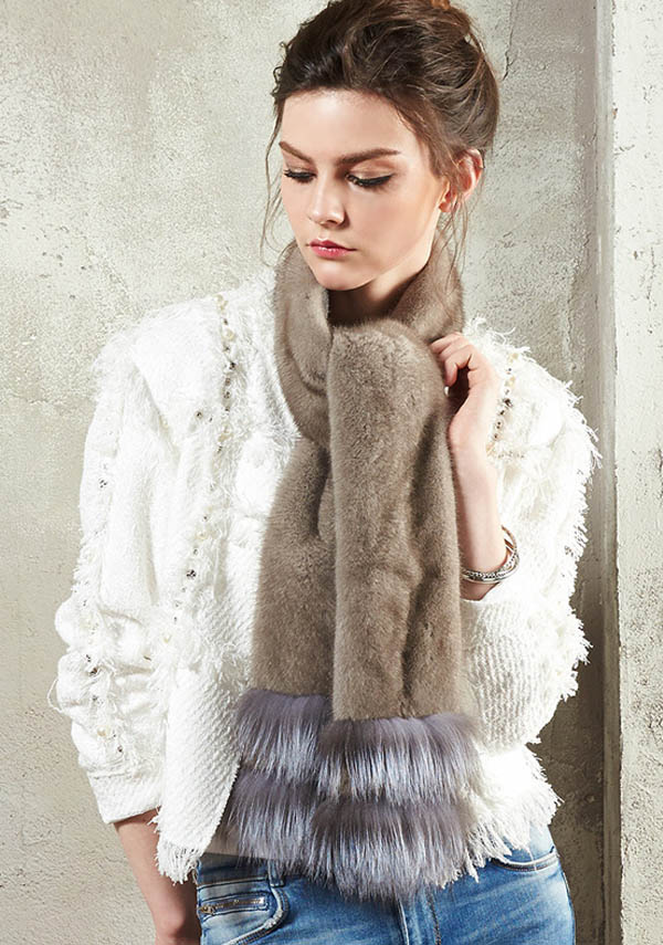 Silver Fox Trim Grey Mink Scarf