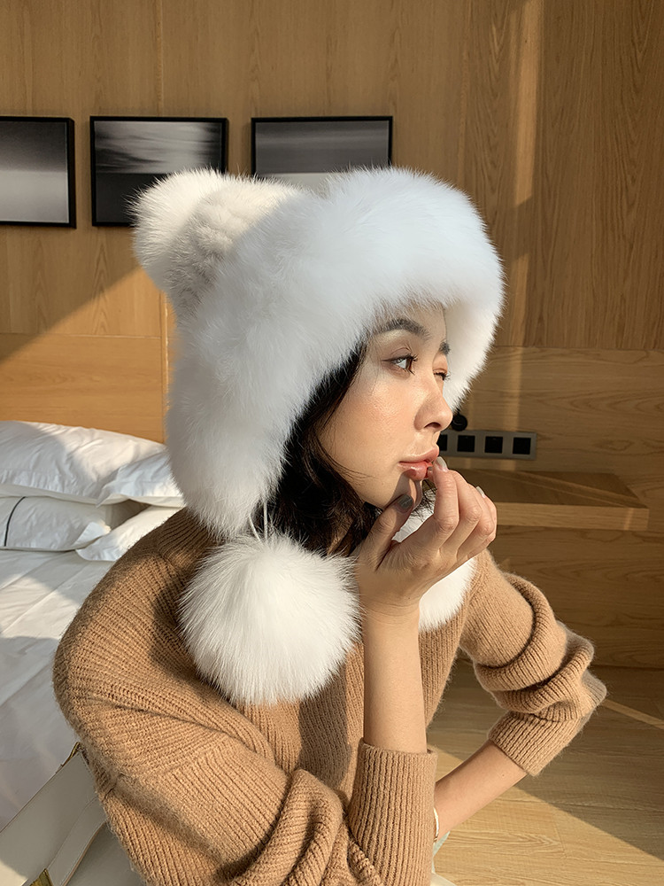 white fox fur trim knitted mink hat
