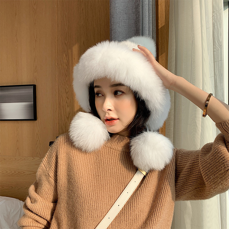 white fox fur trim knitted mink hat