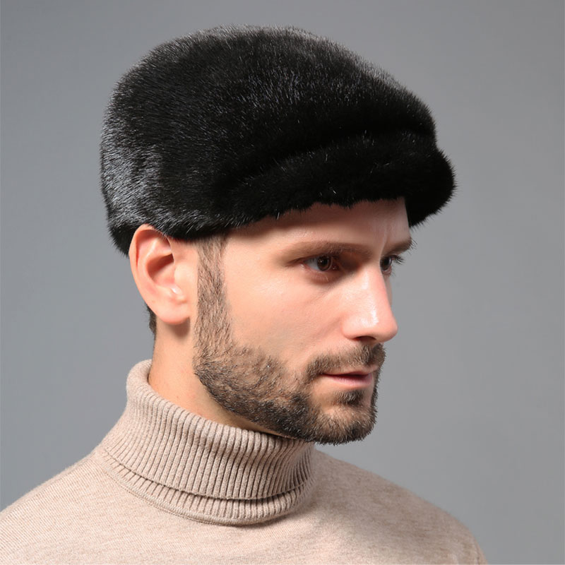 Black Mink Fur Hat Herren Flache Kappe