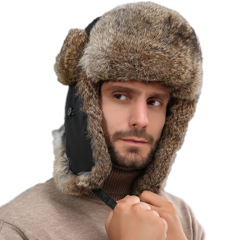 Brown Rabbit Fur Trapper Hut Earflat Herren