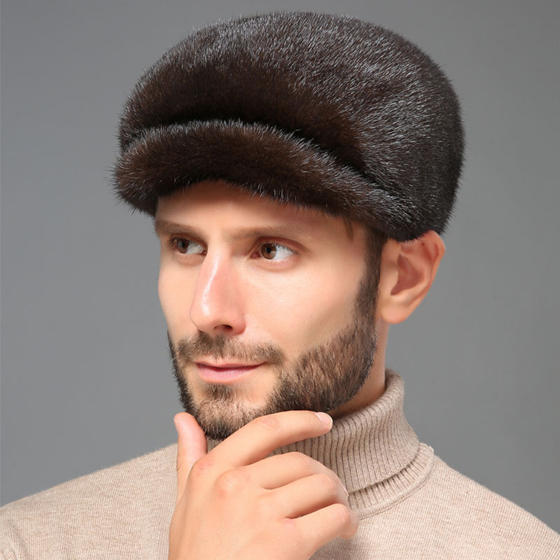 Sombrero plano de piel de visón marrón para hombre gorra plana