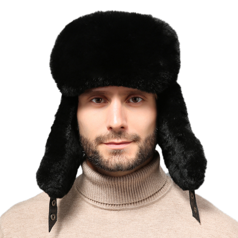 Rex Rabbit Fur Hats Earmuffs Cap Mens Winter Trapper Russian Fur Hat