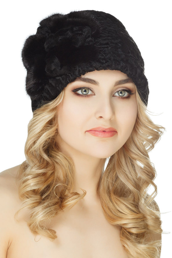 Black Karakul Cap Astrakhan Hat Mink Trim