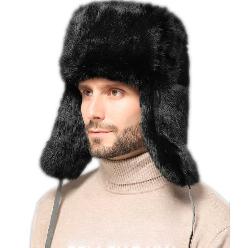 chapeau de trappeur en fourrure de lapin noir pour homme