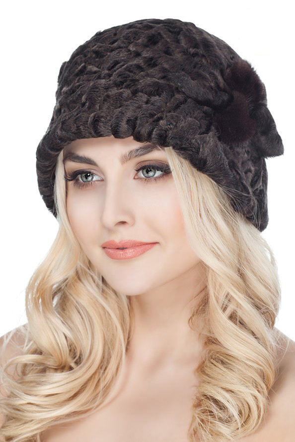 Chapeau Bob en Fourrure Karakul Astrakhan Hat marron foncé