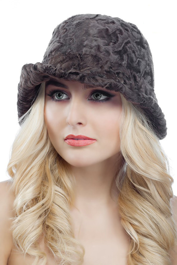 Chapeau Bob Aastrakhan Karakul en Fourrure Marron Beige