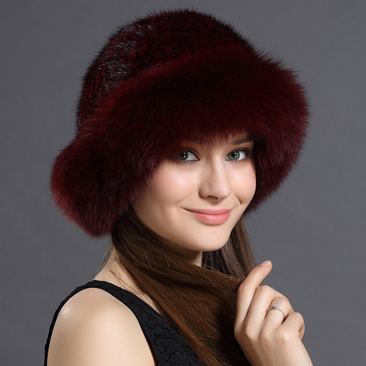 wine mink fur bucket hat fox trim